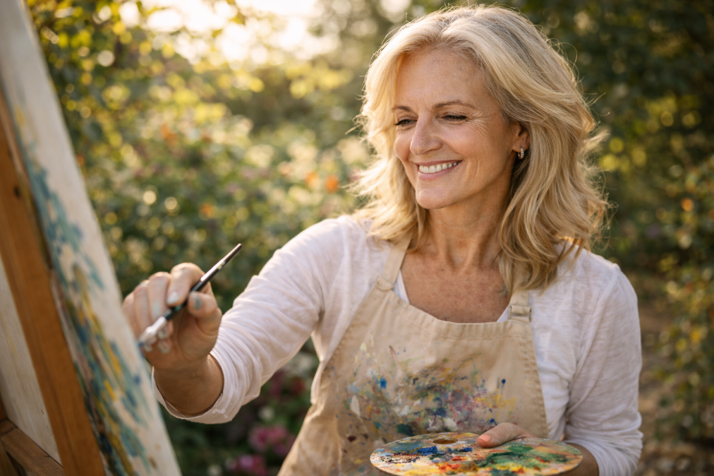 Mature woman enjoying her painting hobby