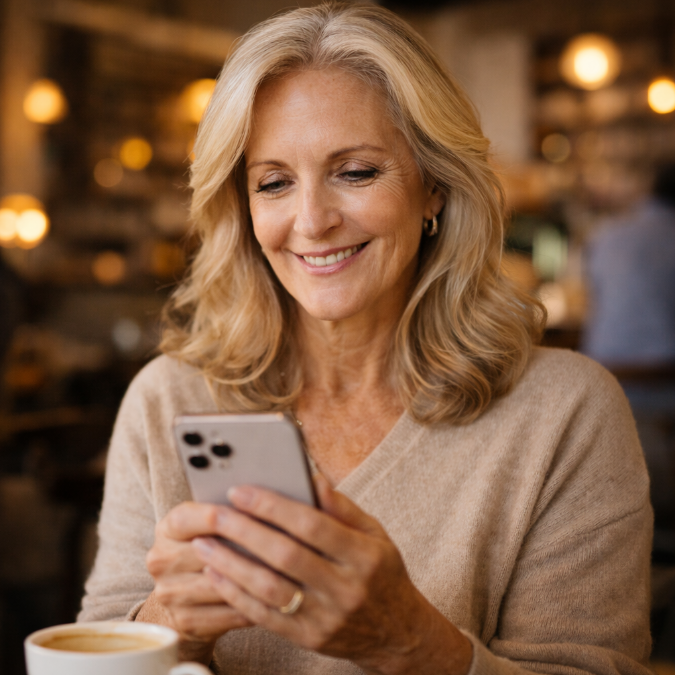 Mature woman using a dating app on her smartphone