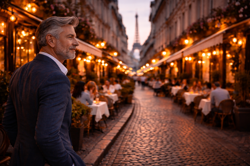 Romantic view of Paris streets at dusk
